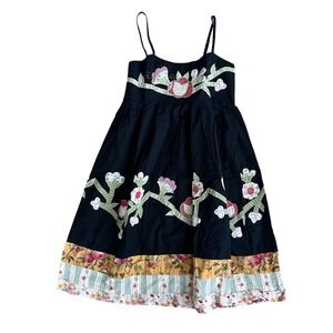 Luna Luz Black Cotton Patchwork Floral Applique Boho Midi Dress Large